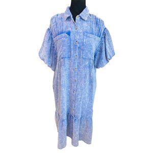 Peach Love California Periwinkle Guaze Midi Dress Puff Sleeves Ruffle Hem Church
